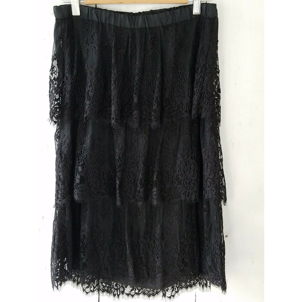 7 For All Mankind Skirt Black Tiered Lace Ruffled Elastic Waist Womens Size SM